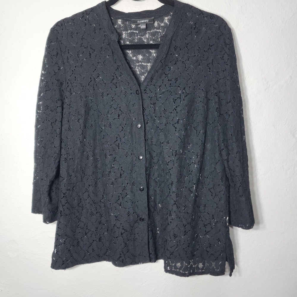 Elementz Lace Cardigan Top Large Cotton Blend Black‎ Y2K Sheer Floral
